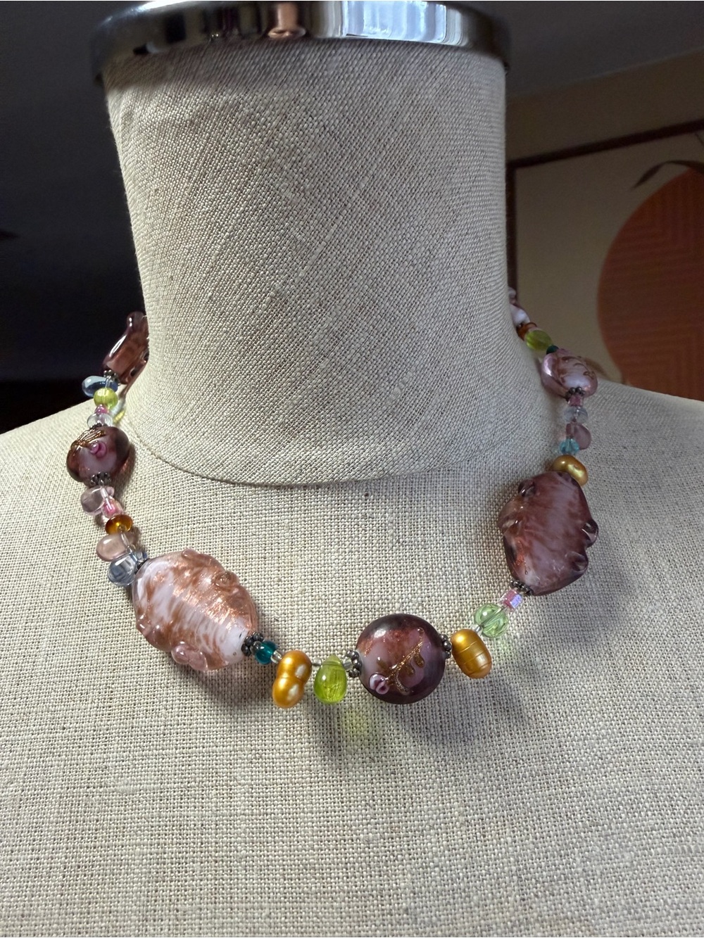 Vintage Premier Designs "Lavender Rose" Art Glass & Pearl Statement Necklace